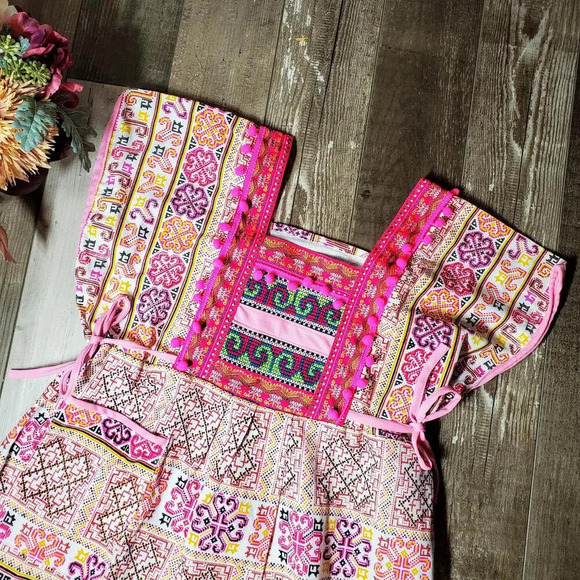 Pink Boho Thai Dress One Size Midi Tie Sides Embroidered Multi Color - Picture 6 of 16